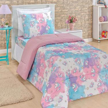 Imagem de Kit Edredom Fantasy Unicórnio C/ Jogo Lençol 03 Peças Solteiro Tecido Malha 100% Algodão - Rosa
