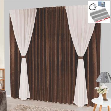 Imagem de Cortina Bhaly Jacquard E Voal 3,00 X 2,50 Para Trilho Comum - Tabaco