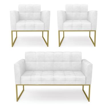 Imagem de Kit 1 Sofá Namoradeira E 2 Poltronas Elisa Corano Base Metálica Industrial Dourado - D'rossi Cor Branco