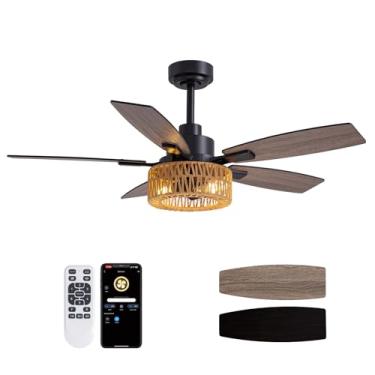 Imagem de LuminFan Ventiladores De Teto Estilo Boho De 46 Polegadas Com Luzes E Controle Remoto, Ventilador De Teto De Vime Estilo Fazenda Para Quarto, Sala De Estar E Pátio, Ventilador De Teto Com Gaiola Pre