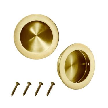 Imagem de Kindoodos Puxadores de porta de bolso embutidos, puxadores de descarga de dedo redondo, puxadores deslizantes, ouro escovado, aço inoxidável 304 (pacote com 2)