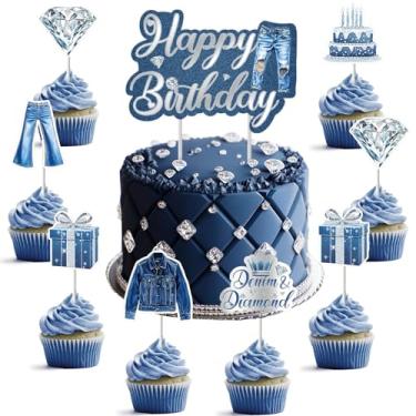 Imagem de kreat4joy Decoração de festa de aniversário de jeans e diamantes, 25 peças, tema jeans, cupcake, feliz aniversário, impressão frente e verso, para meninas, mulheres, 18, 21, 20, 30 anos, decoração de