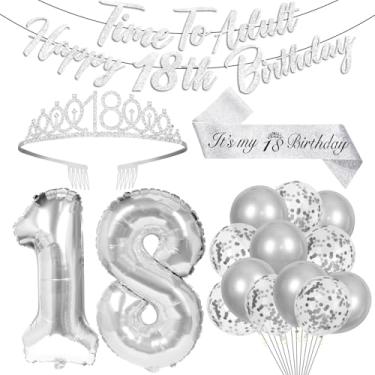 Imagem de Innovoscape Decorações De Aniversário 18 Anos Em Prata, Presentes Para Meninas, Faixa Adultos, Coroa Feliz, Tiara, Balões, Festa