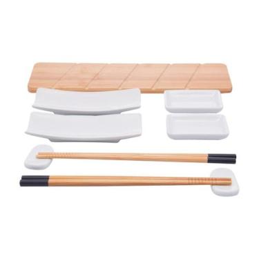Imagem de Jogo 9 Peças Sushi Bambu Natural Cerâmica Completo Hashis Molheira Apo