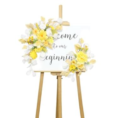 Imagem de BASIMAN Conjunto de 2 flores de arco de casamento, flores artificiais para placa de boas-vindas de casamento, decorações de casamento para recepção e pano de fundo de casamento (amarelo eucalipto)