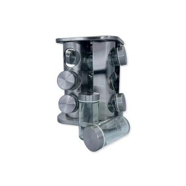 Imagem de Porta Temperos Giratório em Aço Inox com 12 Potes de Vidro, 80g, Base Giratória, 22x18x18cm