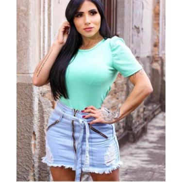 Imagem de Blusa feminina manga princesa bufante curta malha canelada gola rasa -