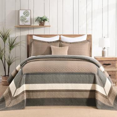 Imagem de QuiltMuse Colcha King Size 100% algodão 304,8 cm x 304,8 cm - Colcha King macia e leve com 2 fronhas, capa de cama acolchoada reversível xadrez de fazenda, 3 peças, marrom/bege/creme