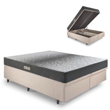 Imagem de Cama Baú Queen 158x198 Linho Bege com Dual Firm Espuma Ecoflex