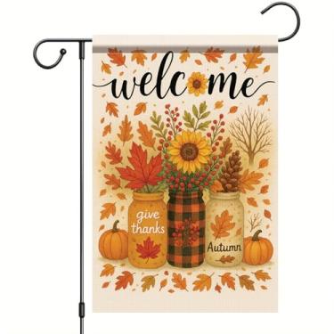 Imagem de Starlit Patio Welcome Garden Flag Give Thanks Autumn Sunflower Fall Pumpkin Yard Banner Mason Jar Dupla Face Outdoor House Decoration for Thanksgiving Harvest Patio Lawn Seasonal Decor 30 x 45 cm