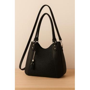 Imagem de Bolsa Feminina Grande Preta Alça Longa Ombro e Mão Textura Chique Luxo
