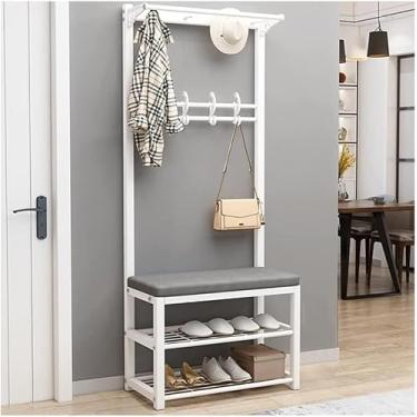 Imagem de Cabide 4 Em 1 Árvore De Corredor Com 12 Ganchos E Banco De Sapatos Banco De Pé Livre Cabide Com Estrutura De Metal Para Sala De Estar De Entrada De Corredor, White, 80 * 33 * 170cm