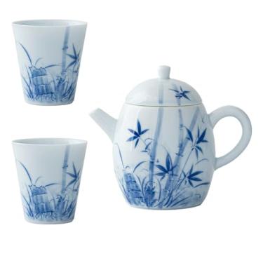 Imagem de Conjunto de chá de gongfu pintado à mão boutique – design de bambu de lavagem com tinta em porcelana branca pura, inclui mini bule, Gaiwan e xícaras de chá, conjunto de cerimônia de chá, utensílios de