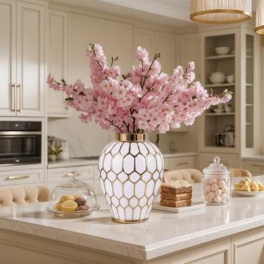 Imagem de Vaso de gengibre, potes de gengibre de porcelana em ouro branco para decoração de casa, centros de mesa de jantar modernos e exclusivos de meados do século - Vaso decorativo com tampa para sala de