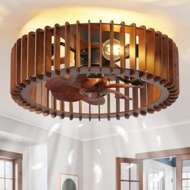 Imagem de mnikopE Ventilador de teto embutido de 50 cm com luz, ventilador de teto de madeira de baixo perfil com luz e controle remoto, 6 velocidades e reversível, luzes de ventilador sem pás de fazenda para