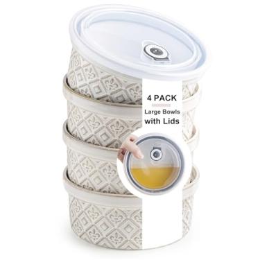 Imagem de Conjunto de 4 tigelas herméticas de cerâmica de 1,134 g - Tigelas grandes de cereais com tampas para salada, Pho, sopa, macarrão, sobremesa, servir, aveia, nozes, assadeiras, lava-louças e micro-ondas