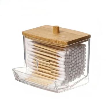 Imagem de Organizador Algodão E Cotonetes Acrílico Tampa Bambu Kit(Porta Cotonete)