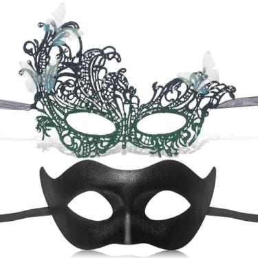 Imagem de ERDOGLY Masquerade Mask for Women and Men, Couples Venetian Black Lace Masks for Halloween, Vintage Antique Mask for Prom Ball Costume, Carnival Mardi Gras Party, Black & Green