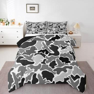 Imagem de Feelyou Conjunto de edredom Queen de caçador de pato cinza, camuflado, para crianças, preto e marrom, estilo camuflado, exército, respirável, selvagem, conjunto de edredom para decoração de quarto
