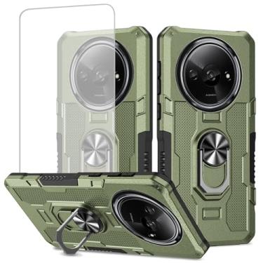 Imagem de Ueokeird Capa para Xiaomi Redmi A3, capa 23129RN51X com protetor de tela de vidro temperado, proteção resistente com anel de metal suporte magnético capa de telefone para Xiaomi Redmi A3 verde
