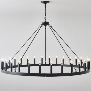 Imagem de Viksroeo Lustre de roda de vagão extra grande preto de 133 cm, corrente ajustável de 30 luzes para casa de fazenda industrial redonda de teto alto, para sala de jantar, sala de estar