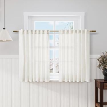 Imagem de Cortinas brancas bege para cozinha, café, 113 cm de comprimento, 2 painéis, aba traseira, translúcida, filtro de luz, curta, moderna, quinta, porão, janela, banheiro, sala de estar, cortinas pequenas