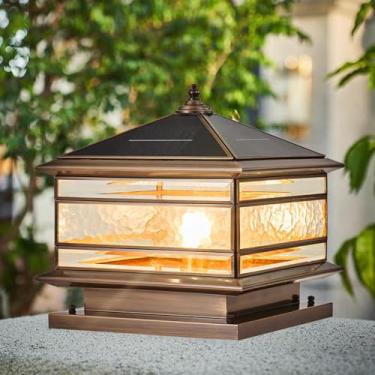 Imagem de JHOTEC Todas as luzes de poste externas de vidro de aço de cobre, luz de pilar à prova d'água, lâmpada de coluna de gramado de pátio vintage, luzes de coluna externa, luzes de deck, luminária de cerca