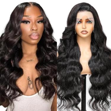 Imagem de Peruca de cabelo humano ondulado frontal com renda frontal de 13 x 4 HD para mulheres 180% de densidade de cabelo virgem brasileiro pré-arrancado sem cola peruca ondulada preta natural 61 cm