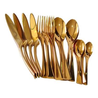 Imagem de Faqueiro De Luxo Talheres De Inox Longo Dourado Liso 16pc - Stainless 