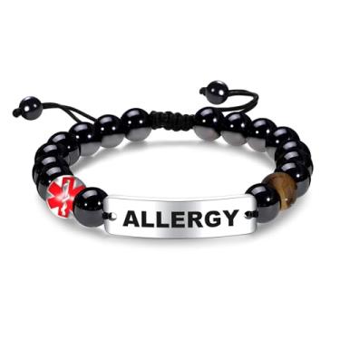Imagem de COMTRUDE Pulseira de identificação de alerta médico para homens e mulheres pulseiras ajustáveis pulseiras personalizadas pingente joia de aço inoxidável pulseira de contas obsidiana presente, 1, Aço