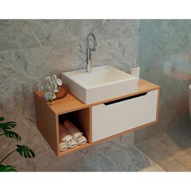 Imagem de Balcão p/ Banheiro Suspenso BN3644 s/ Cuba c/ 1 Porta 80cm Amêndoa/Branco - Tecno Mobili