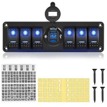 Imagem de NORTHYUN Painel de interruptor basculante de 6 gangues 12V 20A com carregador USB QC3.0 voltímetro pré-cabeado à prova d'água alumínio 12V/24V painel de interruptor com brilho noturno e adesivos