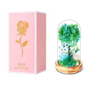 Imagem de Cúpula de vidro decorativa com luzes LED, hortênsia verde preservada, arranjo de rosa azul-petróleo, base de madeira, peça central de decoração de casa