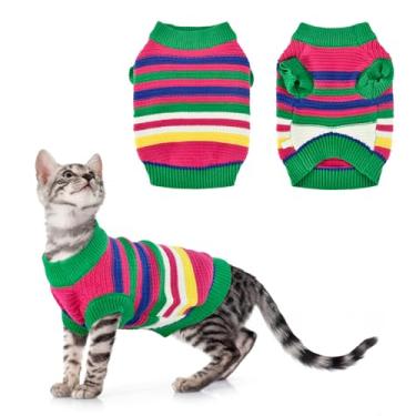 Imagem de LyssKMK Suéter listrado para cães, gato, listrado, colorido, roupas de tricô para animais de estimação, roupas para gatinhos e filhotes, P