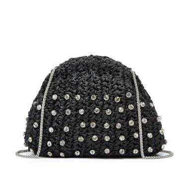Imagem de Jusavie Bolsa clutch feminina de palha com strass 2025 de tecido Bolinho de Massa Bolsa de verão Raffia Rattan férias praia bolsa, Preto, Medium