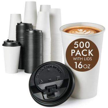 Imagem de Copos de café de papel Vplus 500, pacote 473 ml com tampas descartávei