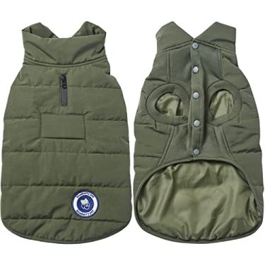 Imagem de Blueberry Pet Jaqueta acolchoada para cães de outono e inverno 2021/2022 nova aconchegante e confortável à prova de vento, impermeável, acolchoada na cor verde-oliva escura, comprimento das costas 40 cm, tamanho 35 cm, casaco quente para cães médios