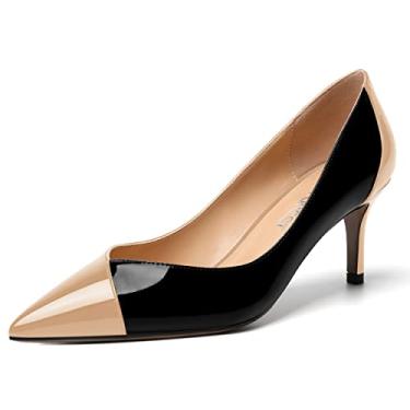 Imagem de SHOWFOREST Sapato feminino de salto médio stiletto liso com bico fino para casamento, sem cadarço, 6 cm, Bege preto, 40