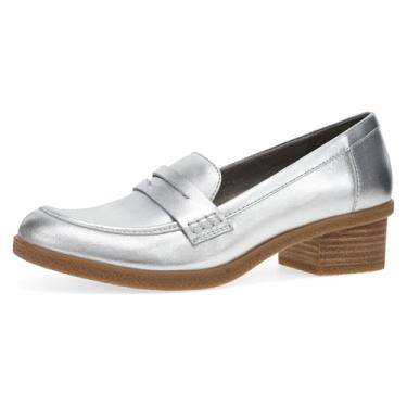 Imagem de Dansko Mocassim de salto Danica para mulheres – Couro impermeável com sola de borracha e salto empilhado de couro para estilo duradouro em qualquer clima, Prata, 9.5-10
