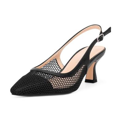 Imagem de yowmns Sapato social feminino de malha com salto gatinho fechado bico quadrado sem cadarço confortável, Preto, 38