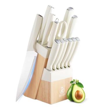 Imagem de Conjunto de facas de cozinha, conjunto de 14 peças de blocos de facas com bloco e afiador, facas de lâmina afiada de aço inoxidável, conjunto de facas de cozinha com revestimento antiaderente com cabo