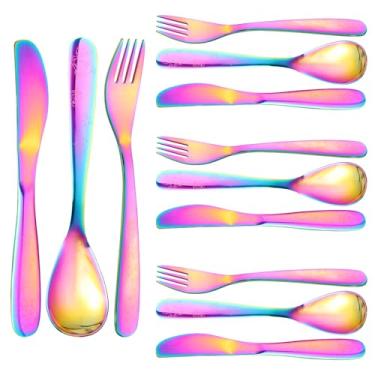 Imagem de DJAPWPX Conjunto de utensílios infantis de aço inoxidável, 12 peças, conjunto de talheres para crianças, espelhado, polido, garfo e colher, kit de talheres, pode ser lavado na lava-louças (colorido)