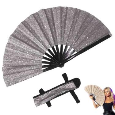 Imagem de Grande Ventilador de rave dobrável para as mãos, ventilador decorativo dobrável portátil para homens mulheres, para apresentação, festivais, presente, dança, decorações (Prata)