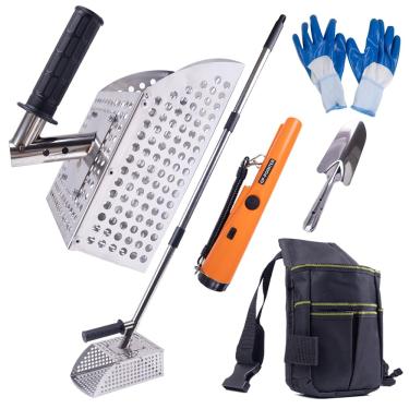 Imagem de Colher de areia para detecção de metal, colher de areia de aço inoxidável resistente com alça longa, inclui 1 ponteiro detector de metal, 1 pá, 1 bolsa de transporte, um par de luvas
