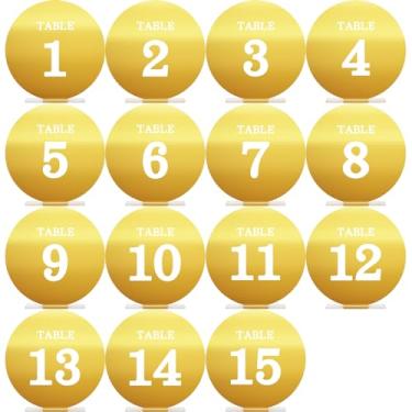 Imagem de Números de mesa de casamento de acrílico 1-15 com suportes, placas e suportes redondos espelhados de ouro/prata para recepção de casamento, festa, evento, decoração de centro de mesa (ouro)