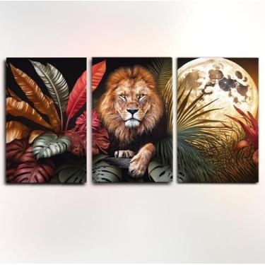 Imagem de Trio de quadros decorativos, Leão de juda, Lua cheia, folhas douradas,