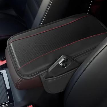 Imagem de Hbxdeco Capa de console central de carro, capa de apoio de braço automotivo de couro de fibra de carbono, almofada de apoio de braço para veículo com bolso de armazenamento, protetor universal de