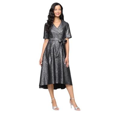 Imagem de Alex Evenings Vestido feminino gola retrato com saia, bolsos e cinto de amarrar, Metálico, 52