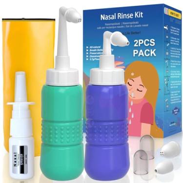 Imagem de TONELIFE Pacote com 2 frascos de lavagem de nariz com 2 bicos macios, sistema de enxágue sinusal, limpador nasal, kit de enxágue sinusal sem mistura de enxágue nasal (azul + verde)
