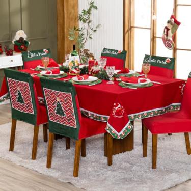 Imagem de Toalha de Mesa Retangular 2,50m x 1,50m para 8 Lugares Avulsa Bordada Natalina Boneco de Neve Vermelho - Decoração Natal Festas Fim de Ano Cozinha Jantar Ceia Véspera